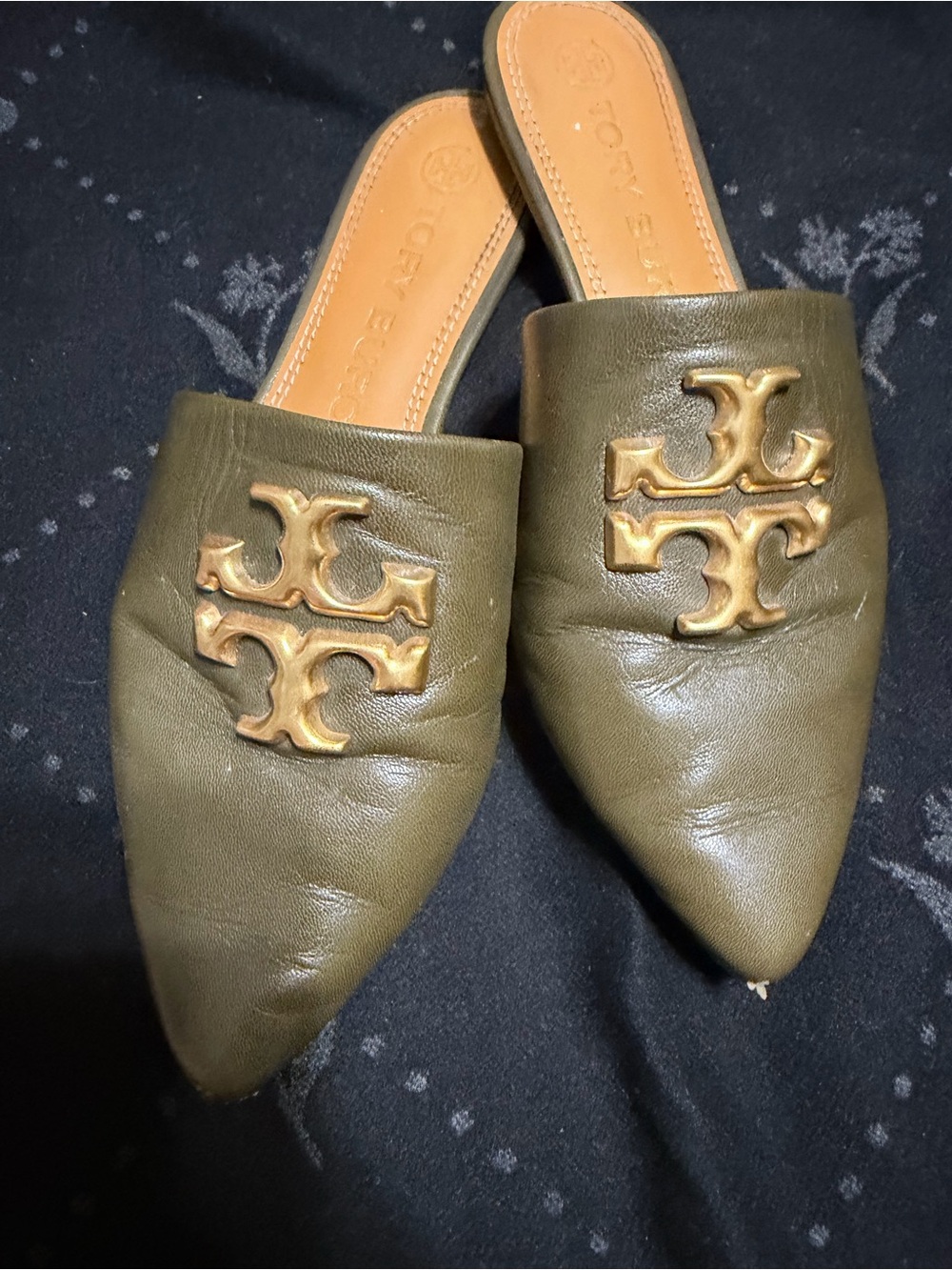 Tory Burch Olive Leather Logo Slide Mules with Gold Emblem